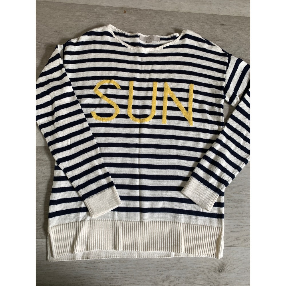 LOFT Womens Navy White Striped Sun‎ Graphic Cotton Knit Sweater Size S 496772